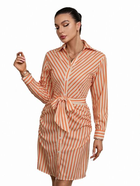 

striped print belted shirt dress r0bq#, Black;gray