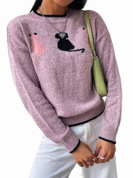 

cartoon pattern contrast binding drop shoulder sweater n26w#, White;black