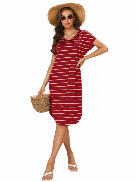 

striped print curved hem dress v3mx#, Black;gray