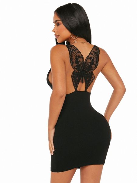 

petite embroidery mesh backless bodycon dress k7ya#, Black;gray