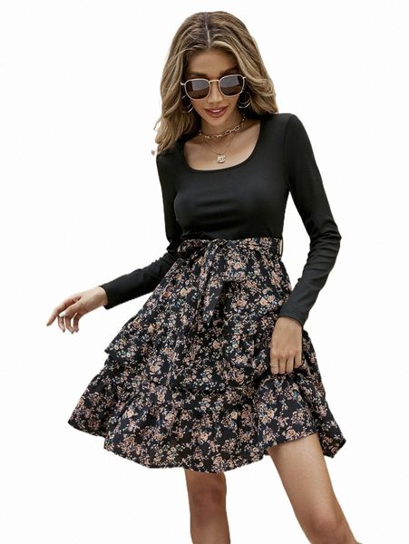 

ditsy floral layered hem belted dress n8uv#, Black;gray