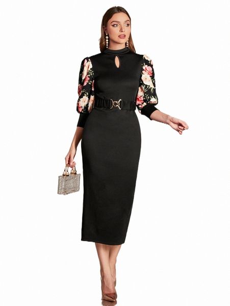

floral print keyhole neckline puff sleeve belted dress t8lj#, Black;gray