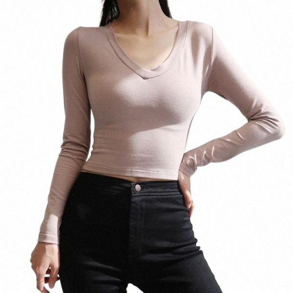 

women's t-shirt women v neck crop slim long sleeve fit tee z4lc#, White