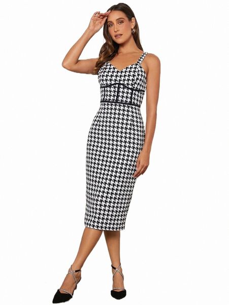 

houndstooth print contrast binding dress y0qe#, Black;gray