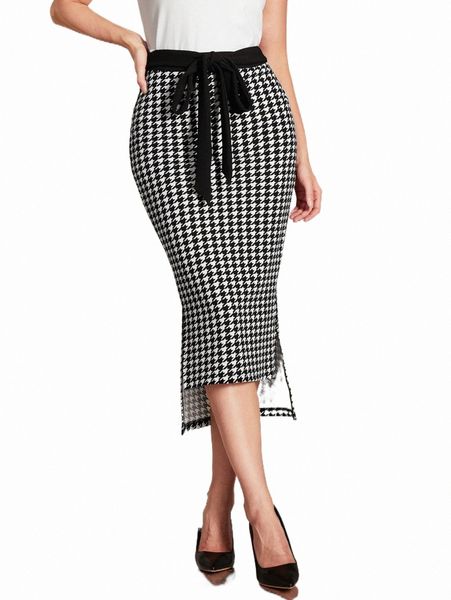 

houndstooth print tie front split hem skirt q8eg#, Black