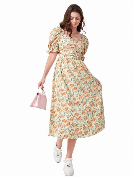 

allover floral print puff sleeve dress h17i#, Black;gray