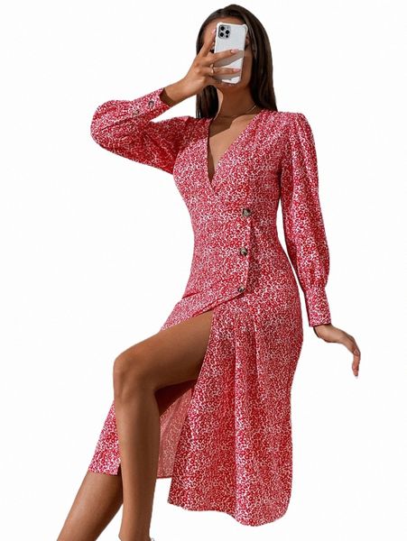

ditsy floral print button detail wrap hem dress b2dj#, Black;gray