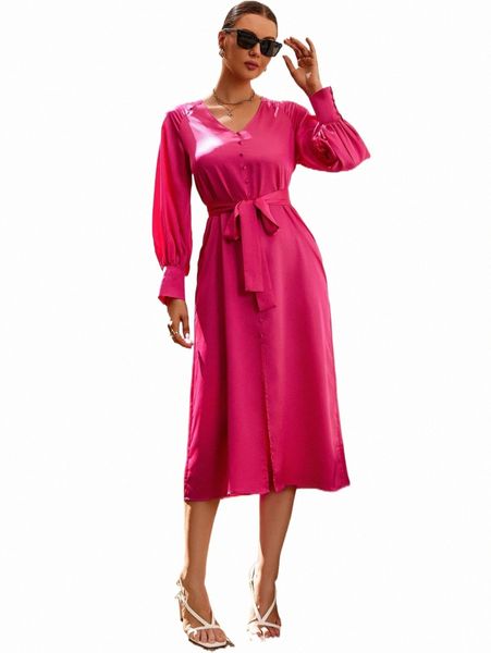 

bishop sleeve split hem belted dress u2sr#, Black;gray