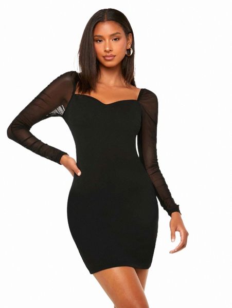 

evolu sweetheart neck mesh sleeve bodycon dress g9w7#, Black;gray