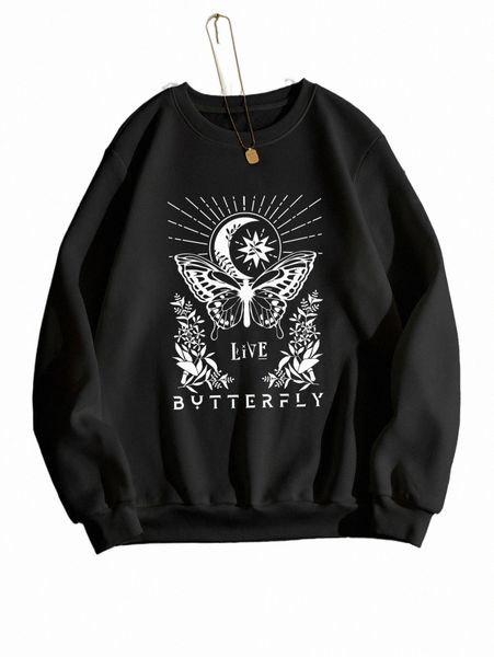 

butterfly and letter graphic thermal lined pullover y84g#, Black