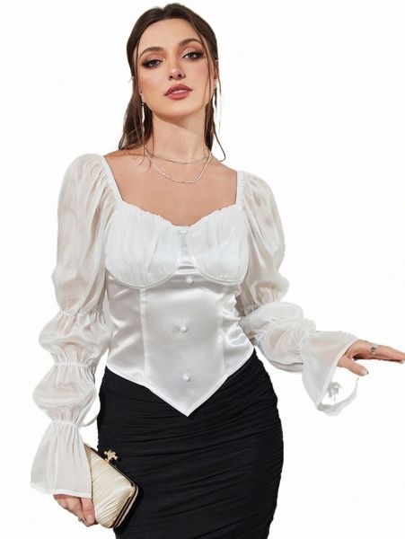 

sweetheart neck gather sleeve hanky hem satin blouse j3z1#, White
