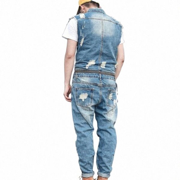 

mens personality removable zipper waist jumpsuit hole ripped jeans sleeveless romper washed denim overalls pants trousers 2xl men's f9e, Blue