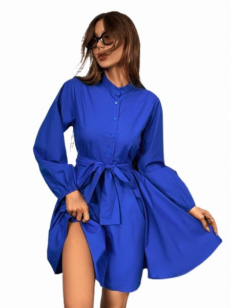 

lantern sleeve mock neck belted dress r39u#, Black;gray