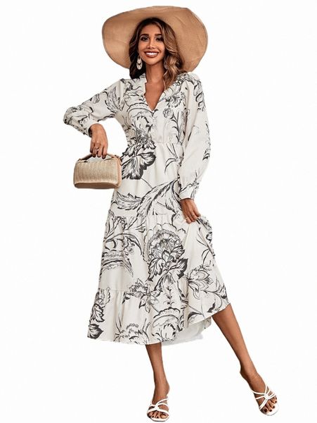 

floral print notched neck layered hem dress s2gx#, Black;gray