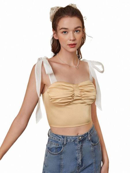 

mod colorblock tie shoulder ruched crop f0sz#, White