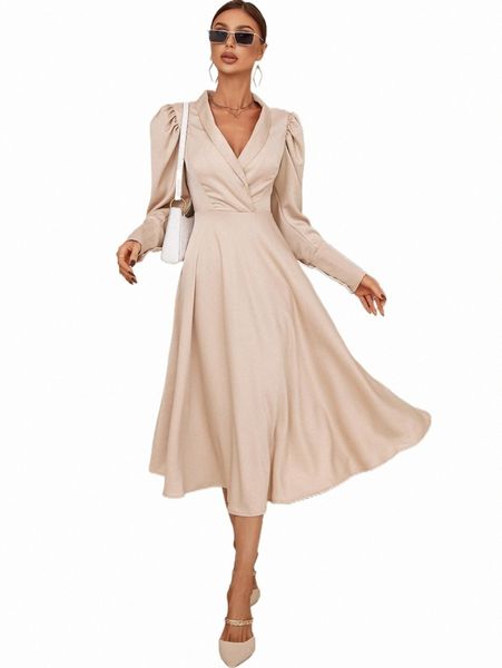

shawl collar puff sleeve a-line dress f8or#, Black;gray