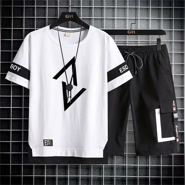 

japan fashion men's sets summer tracksuit men short sleeve t shirtssport shorts suit men casual men clothing mens joggers sets 220817, Gray