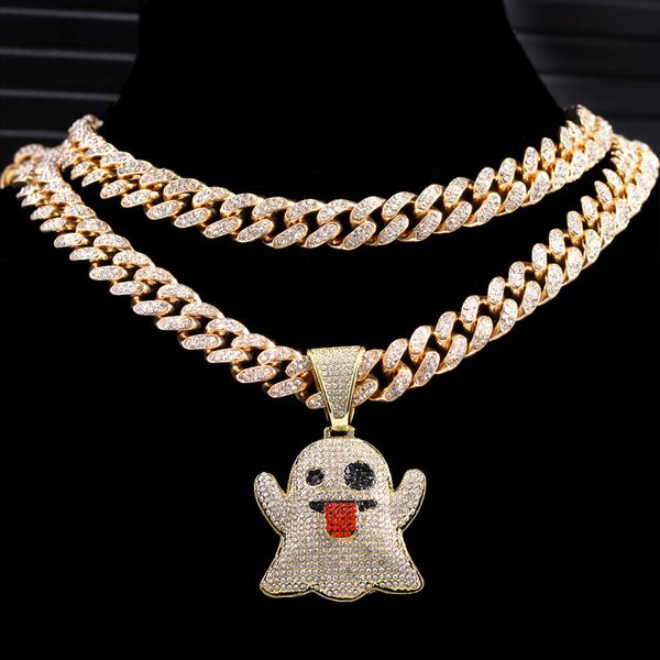 

hip hop iced out cubic zircon ghost gold color pendant & necklace for men women jewelry with 13mm width miami cuban chains 220818, Silver