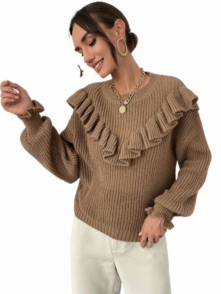 

ruffle trim lantern sleeve sweater n6lu#, White;black