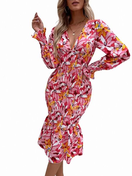 

allover floral print shirred mermaid hem bishop sleeve dress j390#, Black;gray