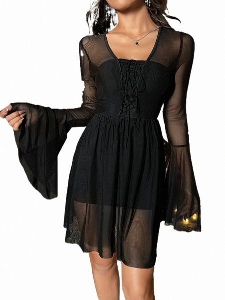 

lace up front flounce sleeve mesh dress v5uw#, Black;gray