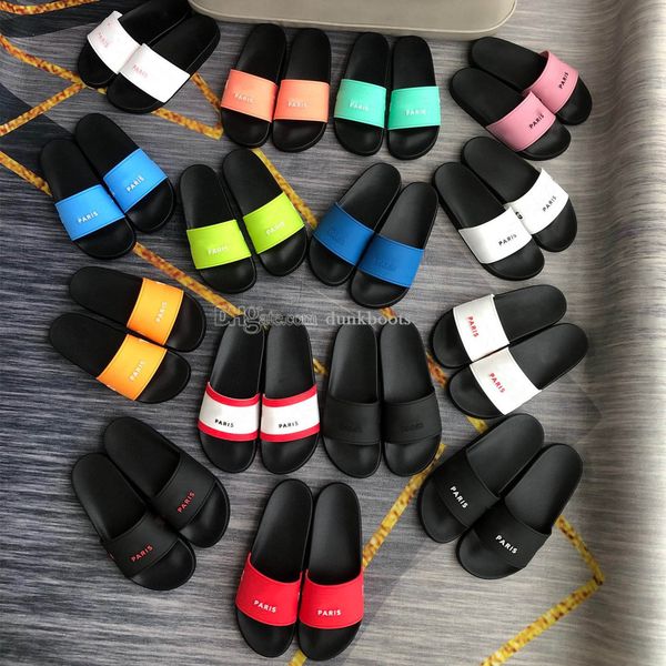 

designers slippers paris mens womens 3d embossing logo give slider slides sandals rubber and fur flat sole slipper pool slide sandal sliders, Black