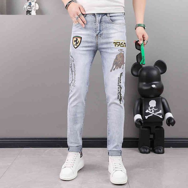 

men's jeans tiktok jeans jeans male golden bull embroidered vibrato red and elastic. kevx, Blue