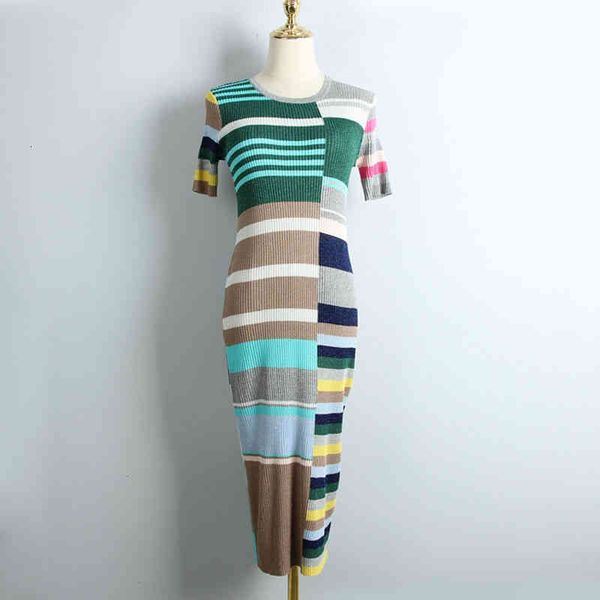 

casual dresses color stripe knitted dress summer color matching short sleeve women's skirt celebrities stretch knee length hip wrap ski, Black;gray