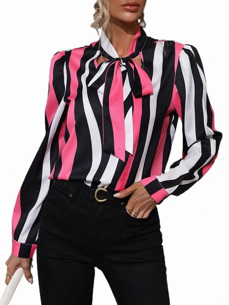 

striped colorblock tie neck shirt 90vn#, White