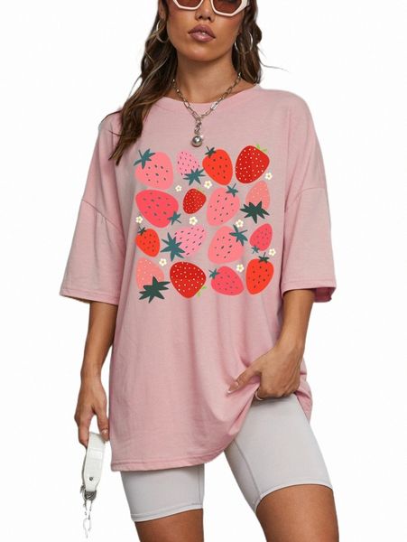 

strawberry print drop shoulder tee 022l#, White