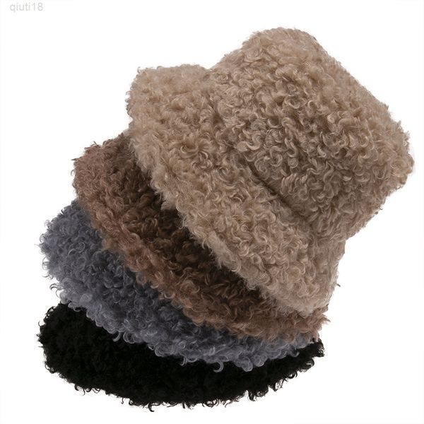 

new outdoor warm lamb faux fur bucket hat black solid fluffy fishing cap panama bob fisherman gorros women winter 2021 y220818, Blue;gray