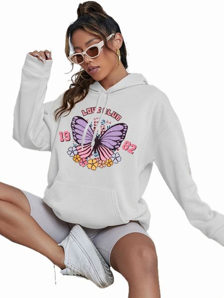 

butterfly & letter graphic drop shoulder thermal hoodie r4qz#, Black