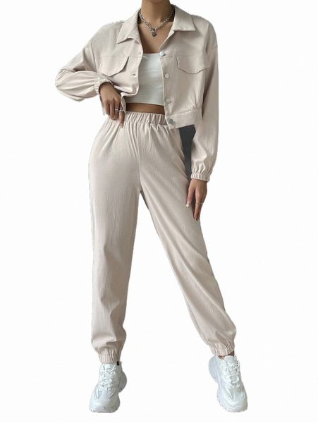 

flap detail drop shoulder crop jacket & pants e8qm#, White