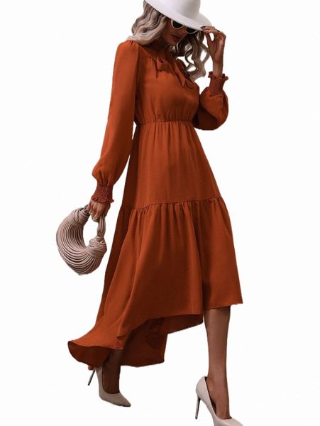 

tie neck bishop sleeve high low hem dress m7sy#, Black;gray