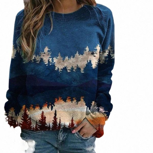 

women's hoodies & sweatshirts women sweatshirt mountain tree print long-sleeved casual pullover hooded elegant brief autumn o-neck tee, Black