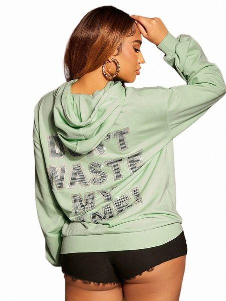 

sxy slogan rhinestone drop shoulder drawstring hoodie f31b#, Black