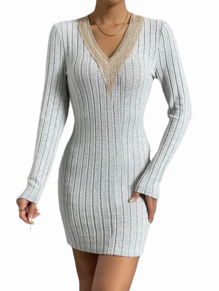 

contrast guipure lace rib-knit bodycon dress x4c0#, Black;gray