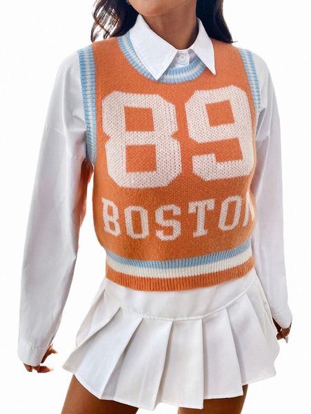 

1pc letter pattern contrast trim sweater vest c1nh#, White;black