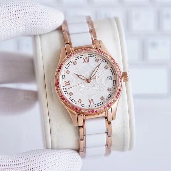 

fashion mechanical women's watch 33mm 8215 movement sapphire glass mirror ceramics strap sports waterproof butterfly literal shell bott, Slivery;golden