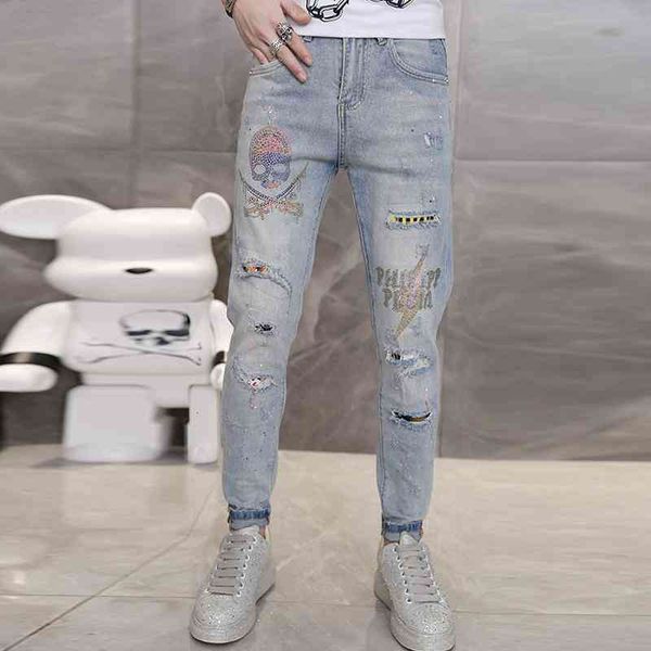 

men's jeans summer trend skull drill leggings men scraped holes slim fit men aty3, Blue