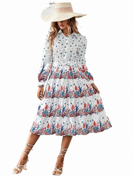 

plants print half button layered hem belted dress 01c4#, Black;gray