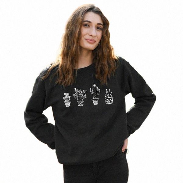 

women's hoodies & sweatshirts cute cactus plants 100% cotton sweatshirt funny crazy plant lady graphic pullovers women long sleeve gard, Black