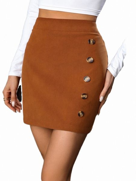 

high waist fake button bodycon skirt r7hq#, Black