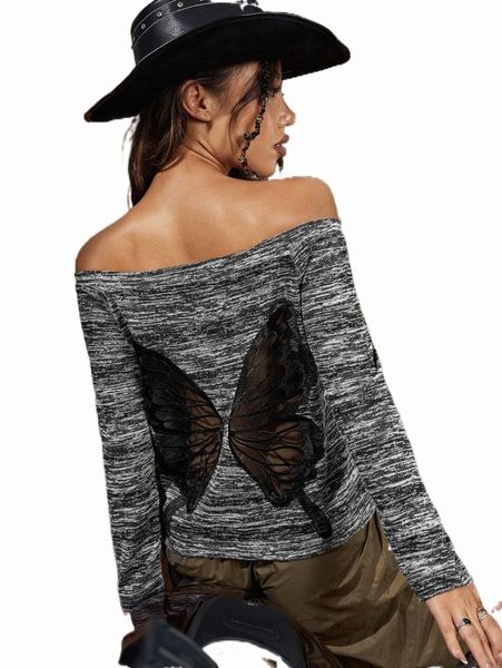 

off shoulder butterfly pattern marled tee z6op#, White