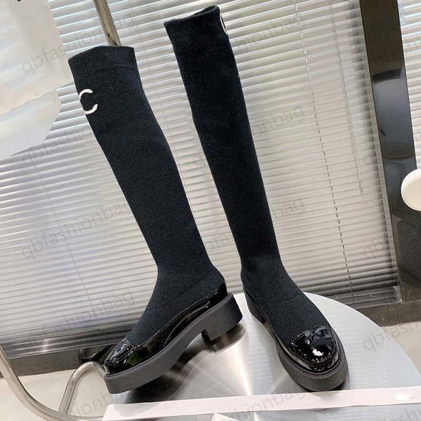 

designer black womens ankle knee sock boots platform chunky heels slip-on stretch silk patent leather snow fashion rainboots high boot