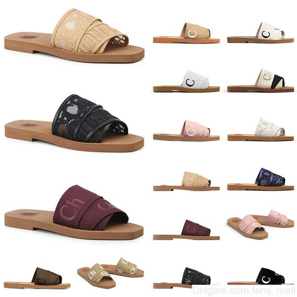 

new luxurys designers women slippers c woody flat mule in canvas black white summer rubber sandals beach sliders woven peep toe casual