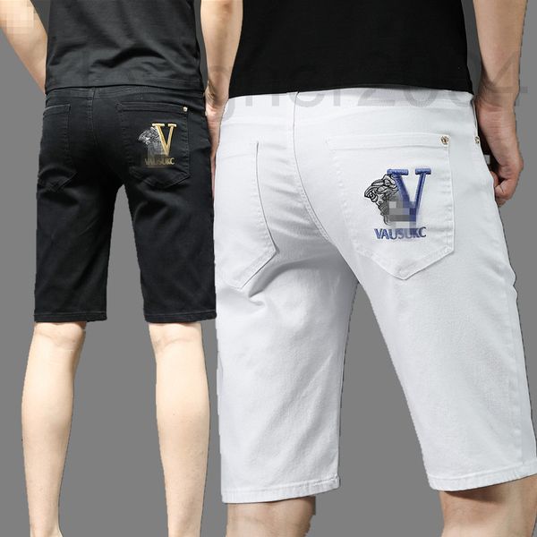 

men's jeans designer summer casual jeans men's small foot slim cotton elastic shorts korean embroidered medusa capris h1sk, Blue