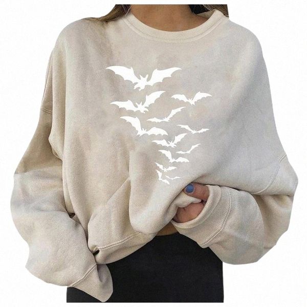 

women's hoodies & sweatshirts bat print cotton womens casual long sleeve round neck ladies bottoming loose korean style female 344r#, Black