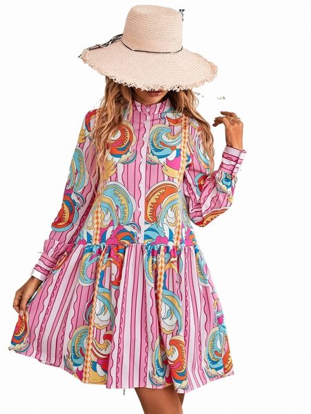 

striped and scroll print half button smock dress j54b#, Black;gray