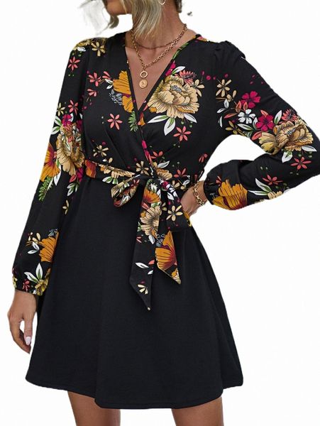 

floral print surplice neck belted dress 36kj#, Black;gray